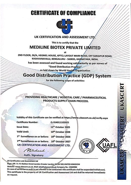 WHO Good Distribution Practice certificate of compliance for Mediline Biotex Pvt. Ltd.