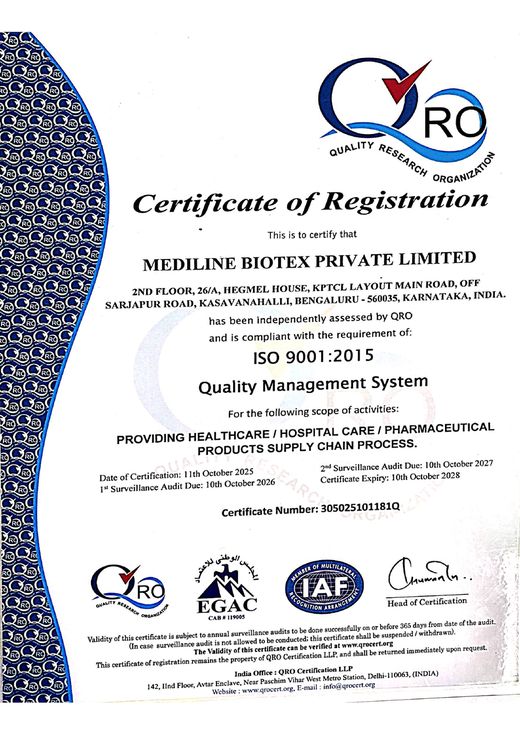 ISO 9001:2015 certificate of registration for Mediline Biotex Pvt. Ltd.